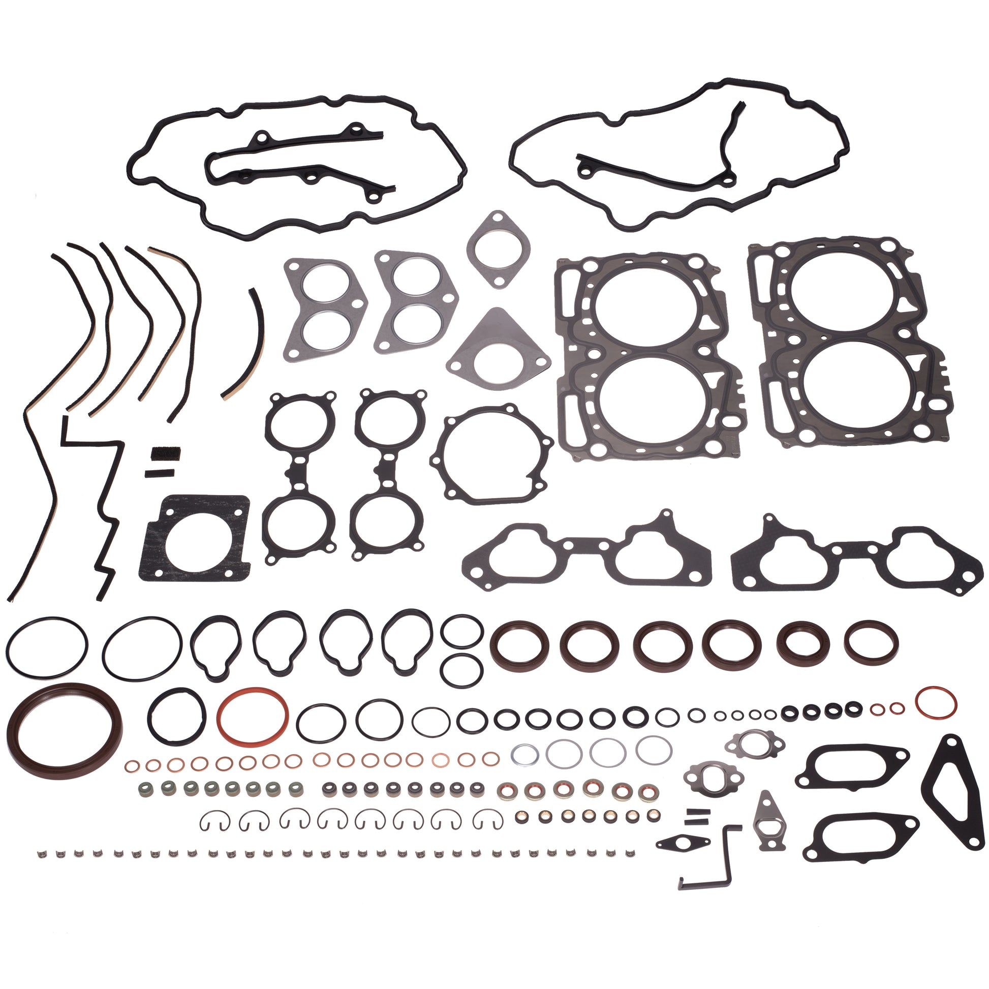 A comprehensive engine gasket and seal kit laid out in a grid pattern on a clean white background. The kit includes various black and dark gray gaskets, seals, O-rings, washers, clips, and fasteners of different shapes and sizes.